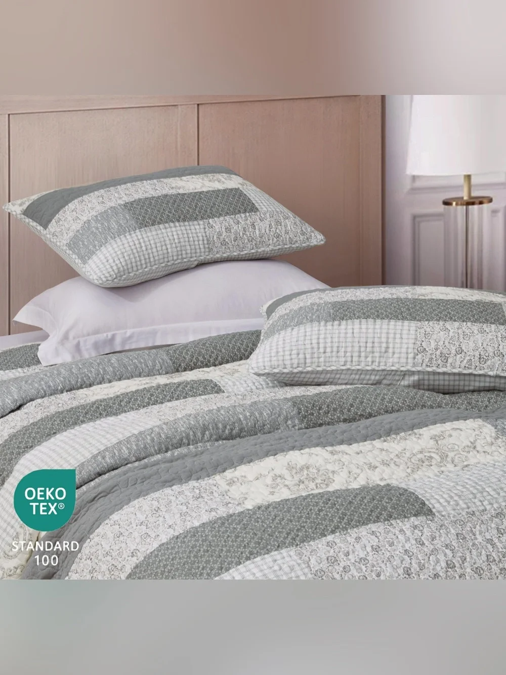 Gray and Cream Striped king 3 piece Quilted 100% cotton